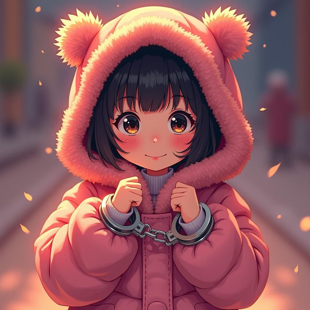Girl in Pink Coat with Handcuffs, Anime Style