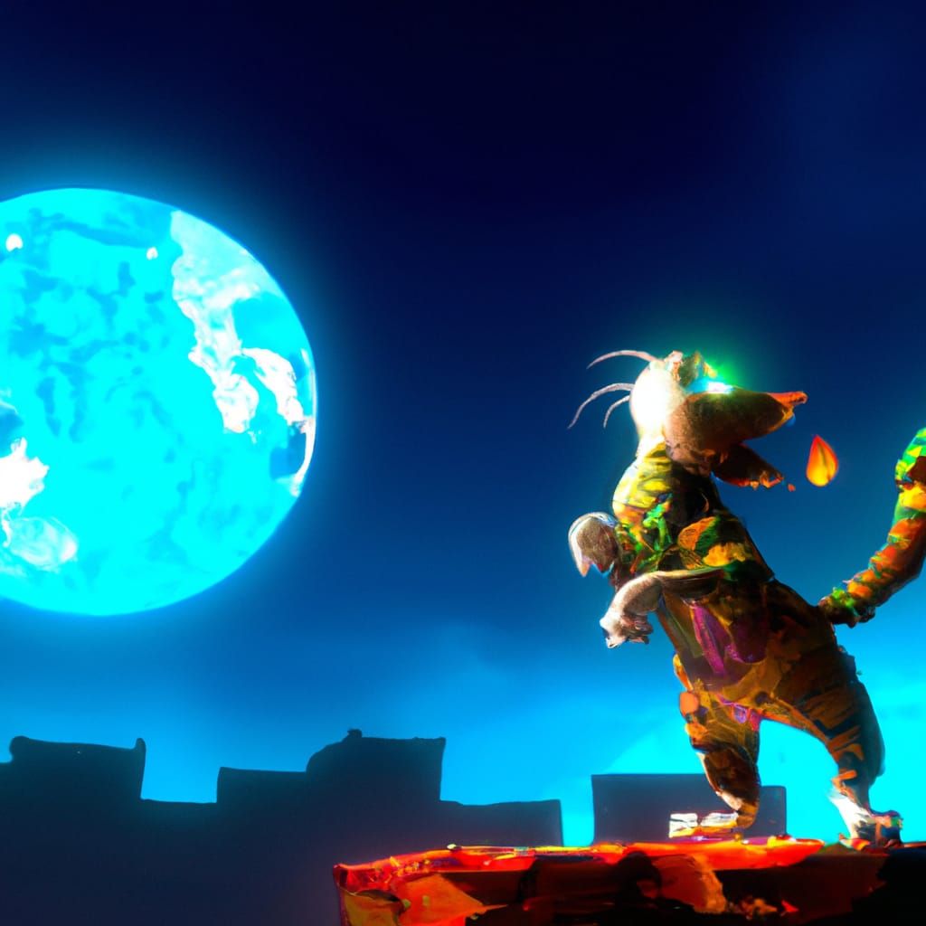 Cat Dancing Around the Moon in Detailed Fantasy Art