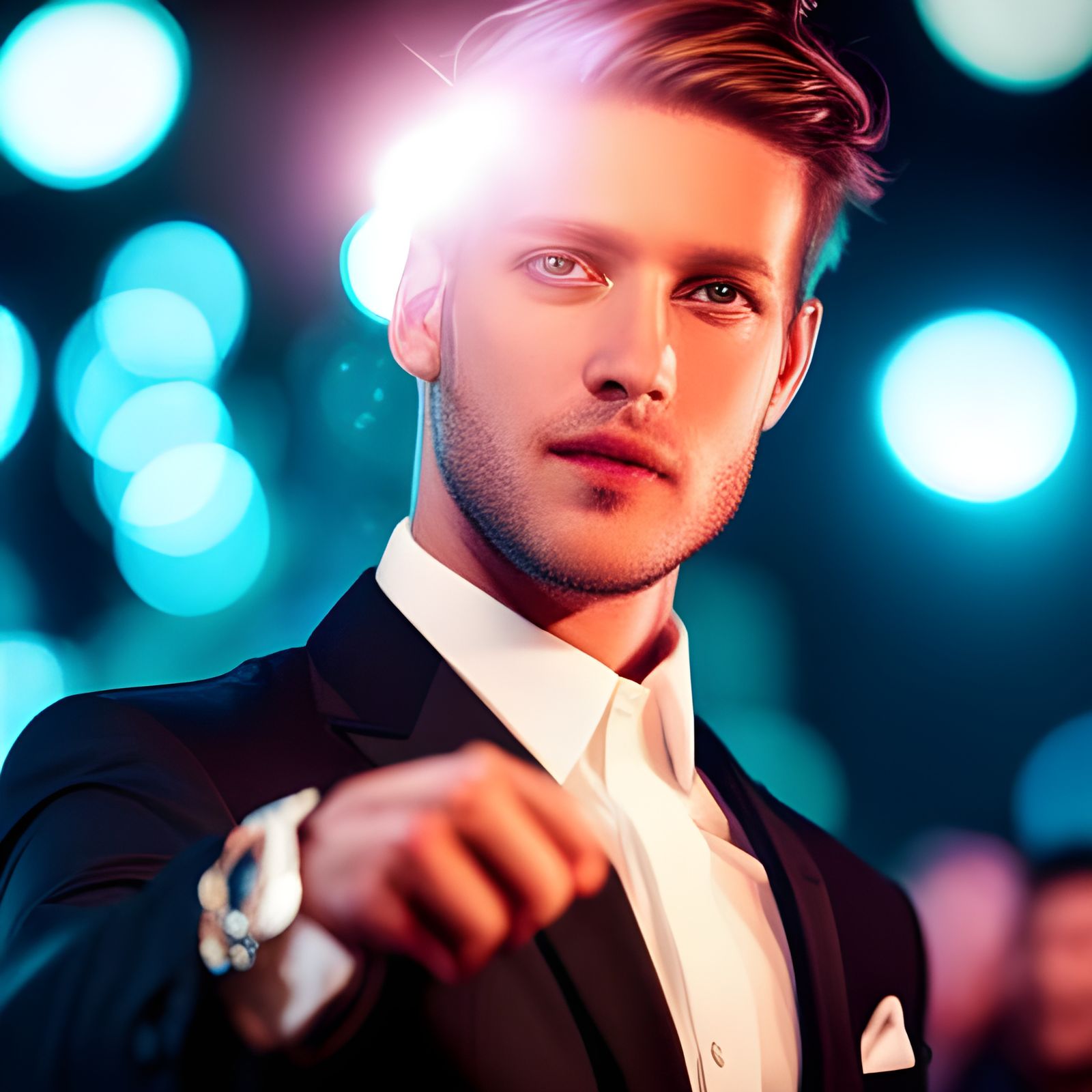 A young man with a sparkling face dancing in a club
