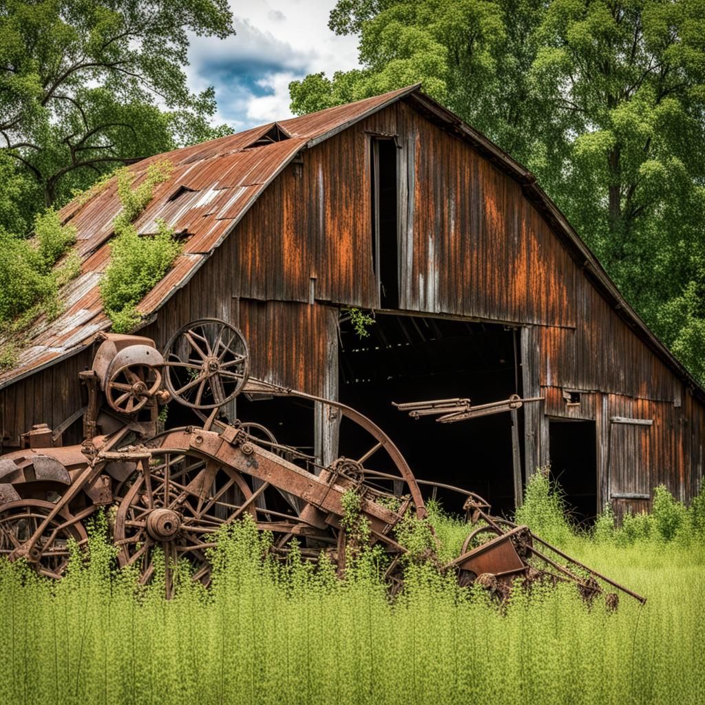 Rustic Old Barn with Weathered Farm Equipment