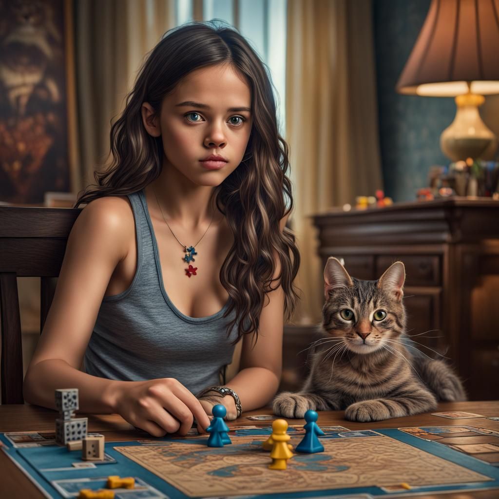 Playing a Board Game with her Cat