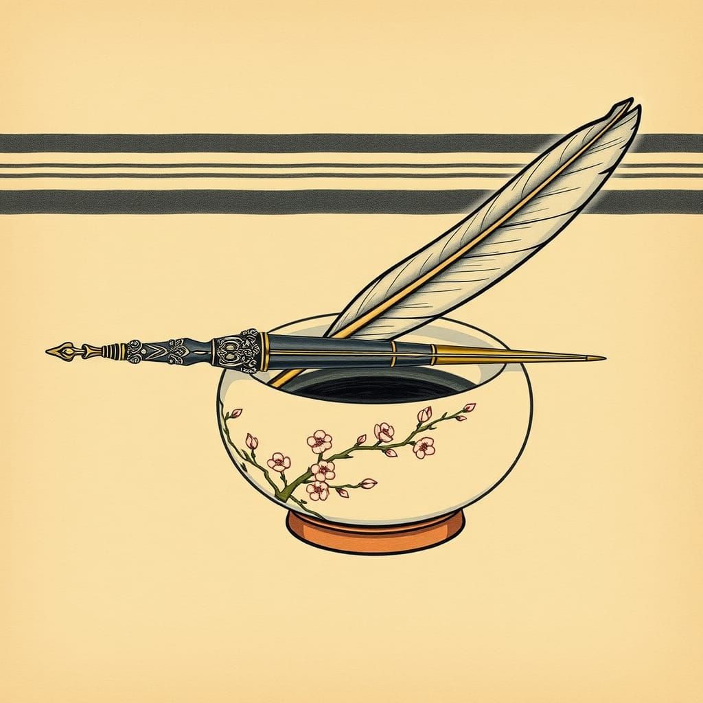 Quill and Inkwell in Ukiyo-e Style