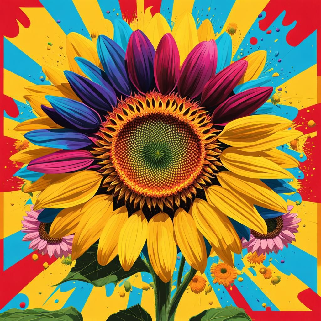 Pop Art Sunflower with Daisies in Screen Print Style