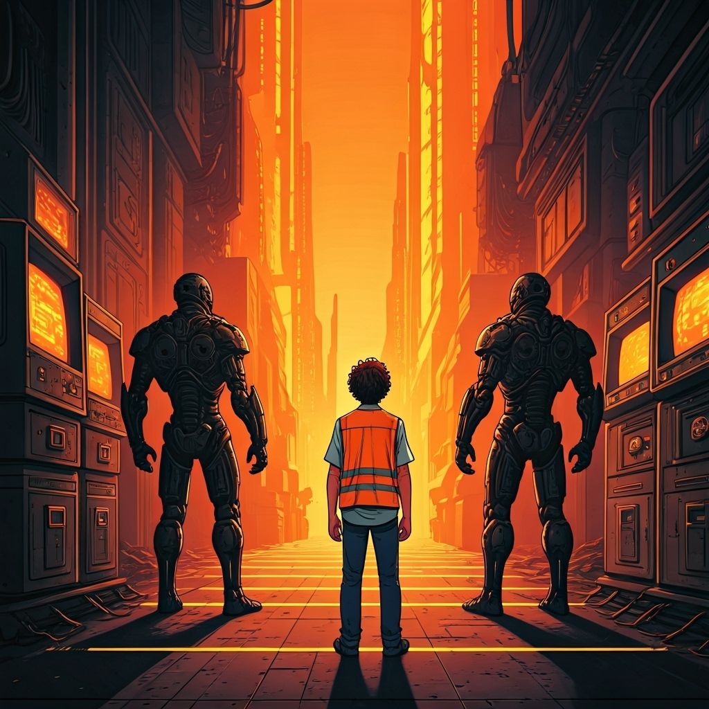 Retro-Futuristic Cityscape with Cyborg Guardians