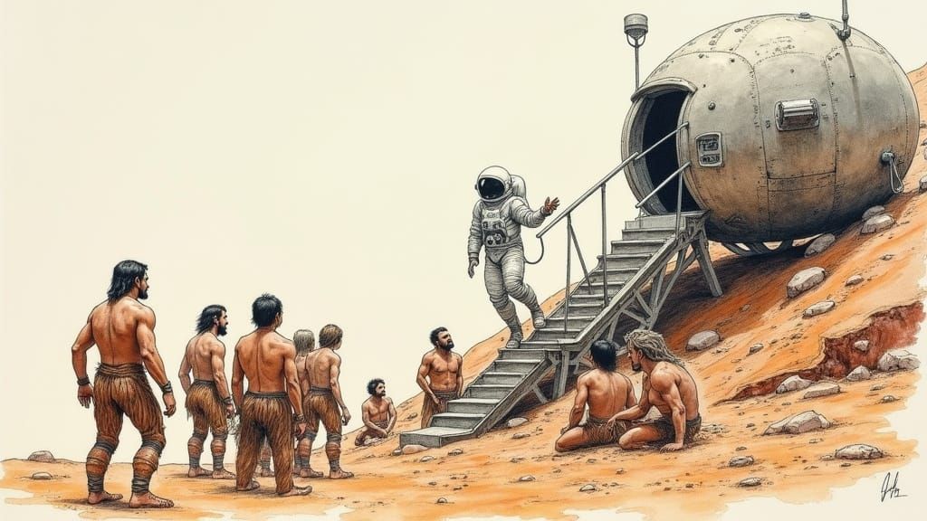 Cavemen Worshiping Astronaut in Colour Pencil Style