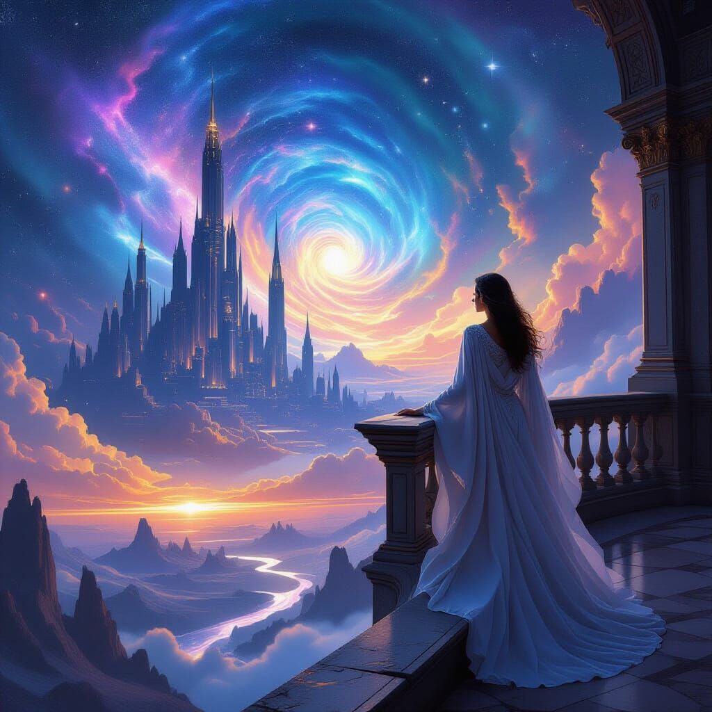 Celestial Observatory Woman Gazes at Cosmic Vortex