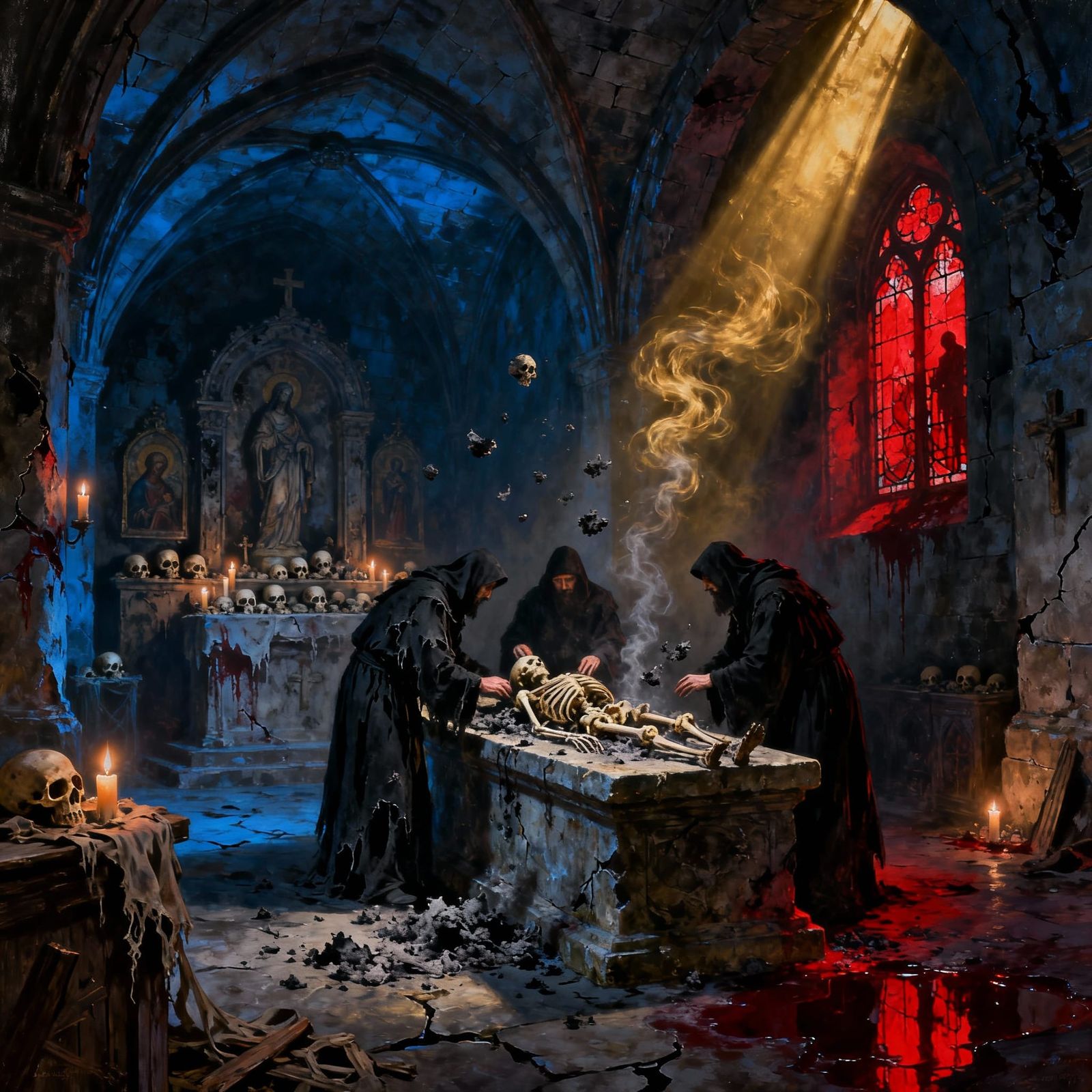 Macabre Crypt Symbolism in Dark Oil Painting Style