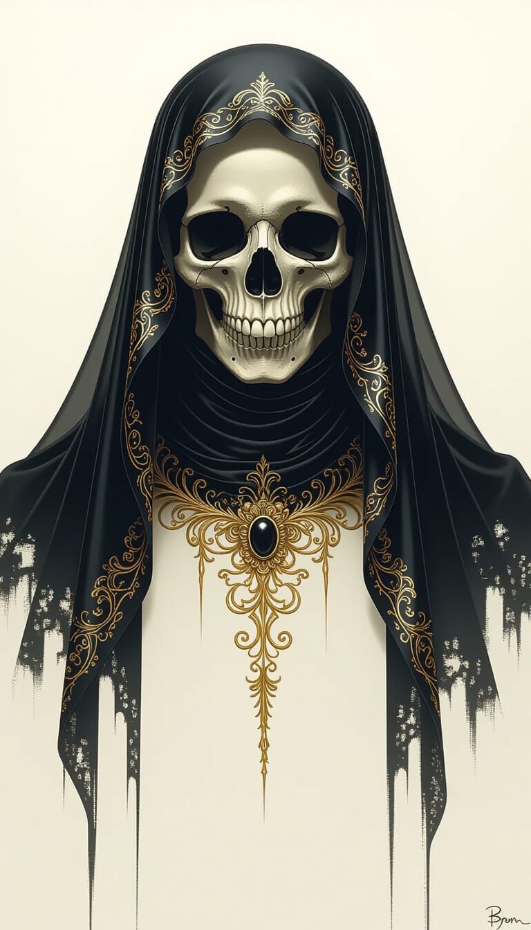 Obsidian Skull Death with Silk Veil and Golden Accents