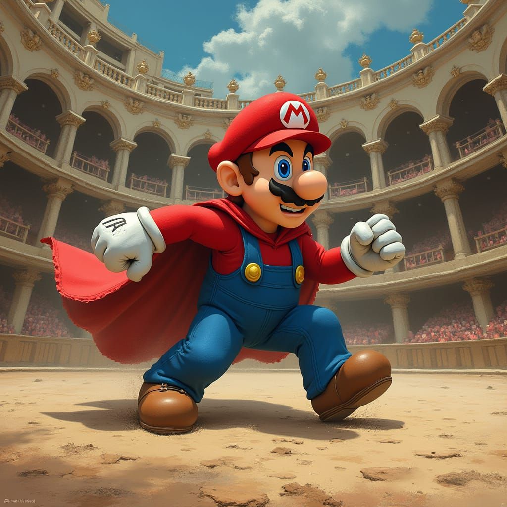 Mario in Ancient Arena with Frightened Monkey