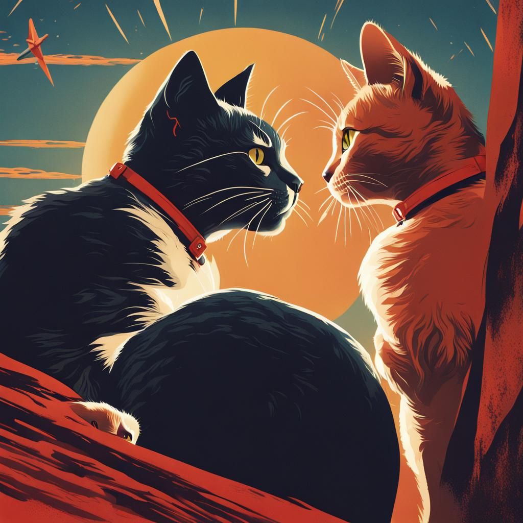 Cats Gazing Skyward in Soviet Propaganda Style