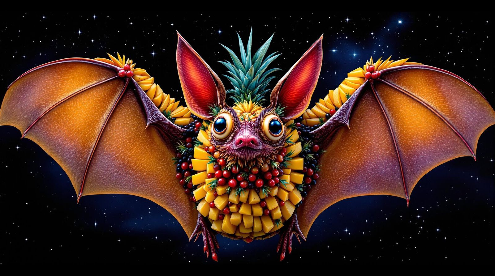 Surreal Fruit Bat Emerges from Night Sky
