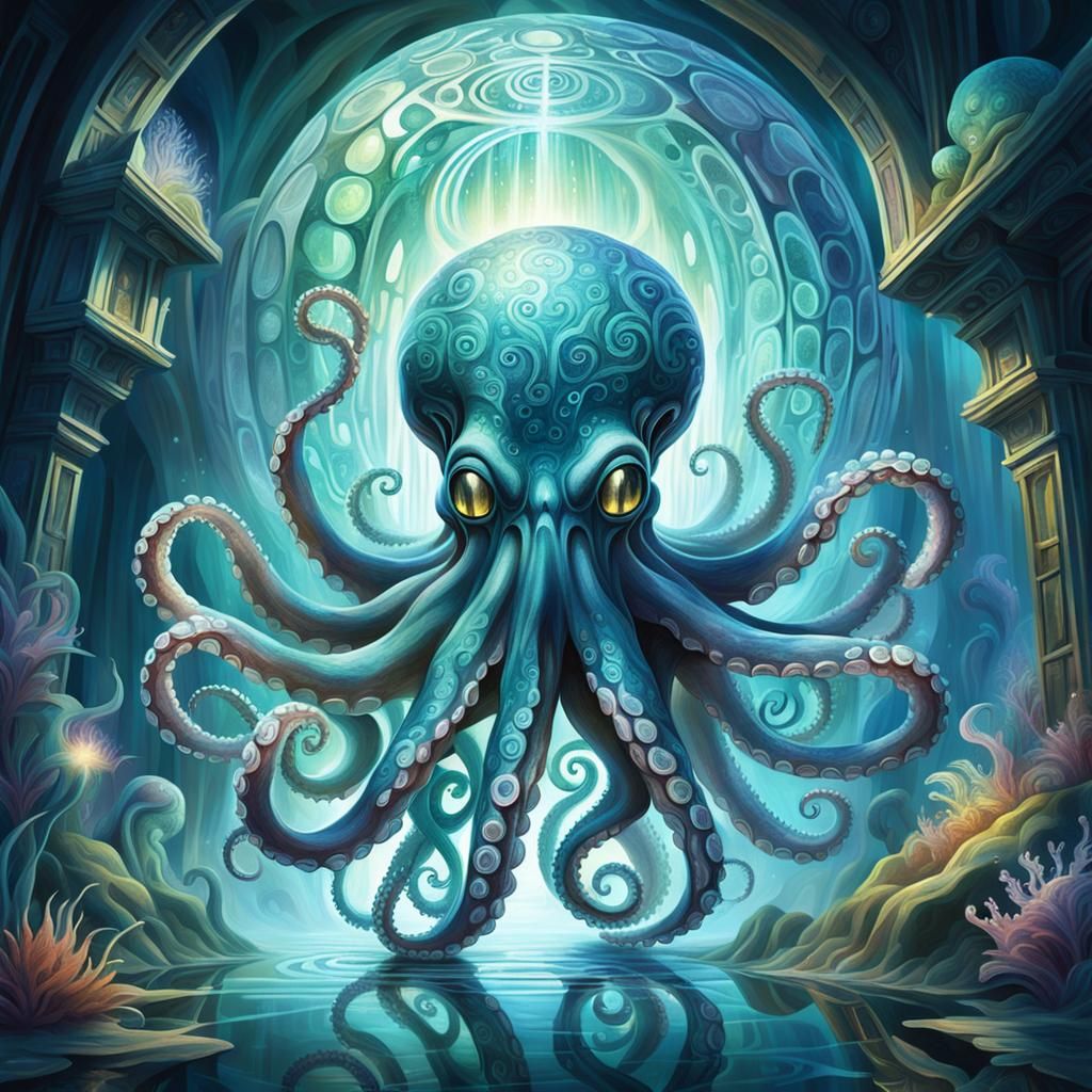 Ethereal Octopus Enters a Crystalline Cubist Portal