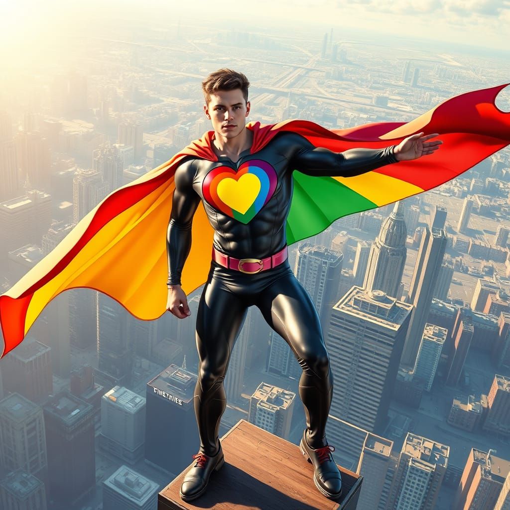 Gay Superhero on Skyscraper Edge in Comic Book Style