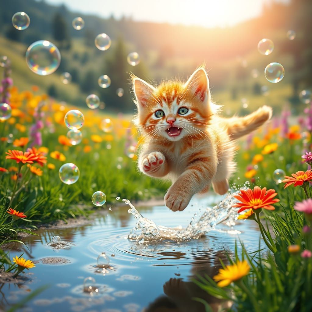 Whimsical Kitten Chases Bubbles in Sunlit Meadow