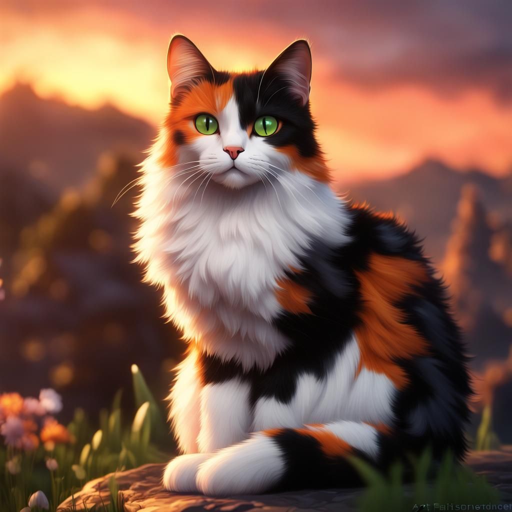 Calico Cat with Green Eyes at Sunset