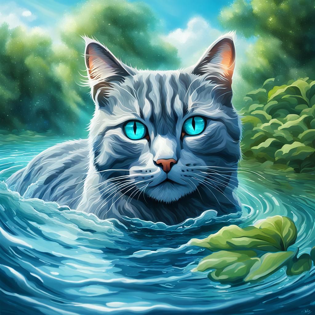 Blue Cat Swimming in a Blue River: Fantasy Illustration