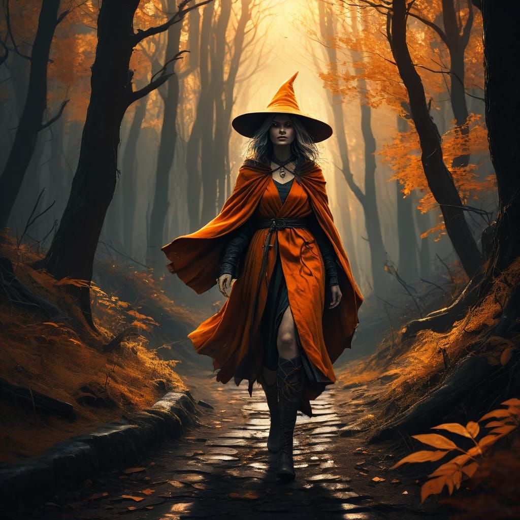 Mysterious Witch in Autumn Forest: Digital Painting