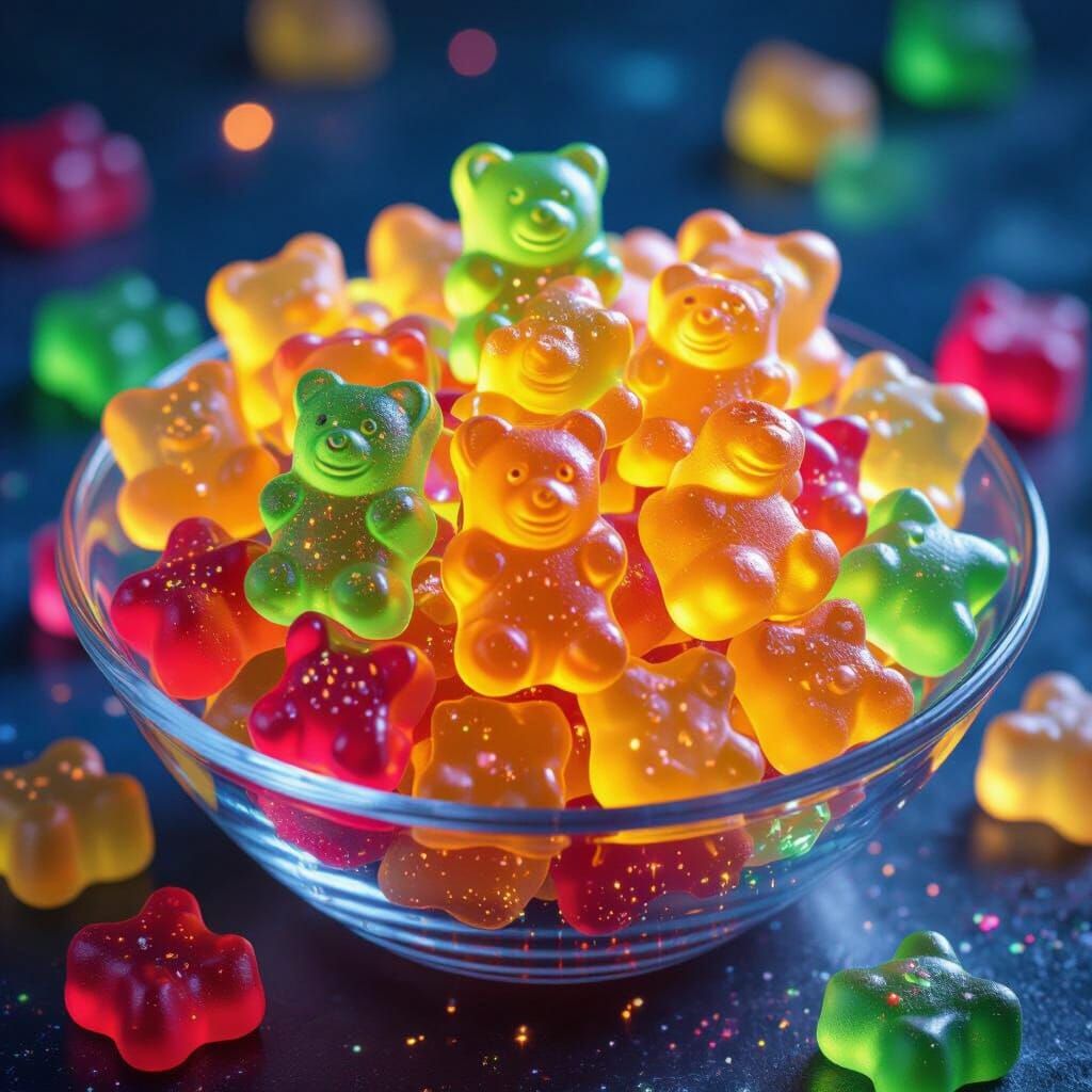 Glowing Neon Gummy Bears in a Bowl