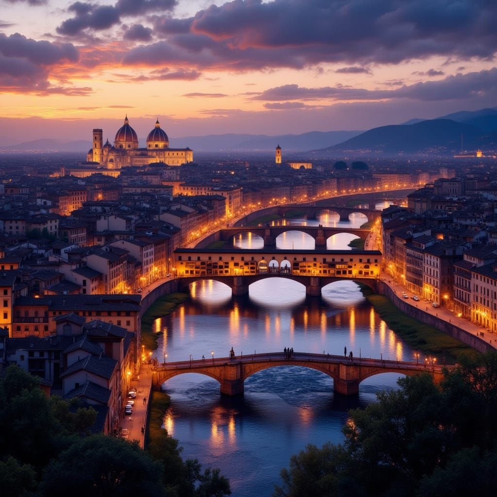Twilight Florence Cityscape Reflecting in Arno River