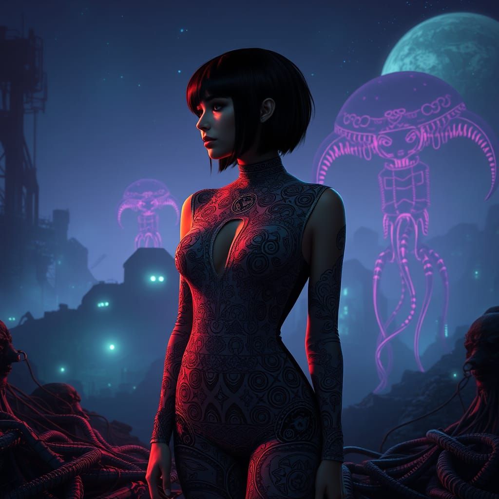 Mod Woman in Biomechanical Alien Landscape