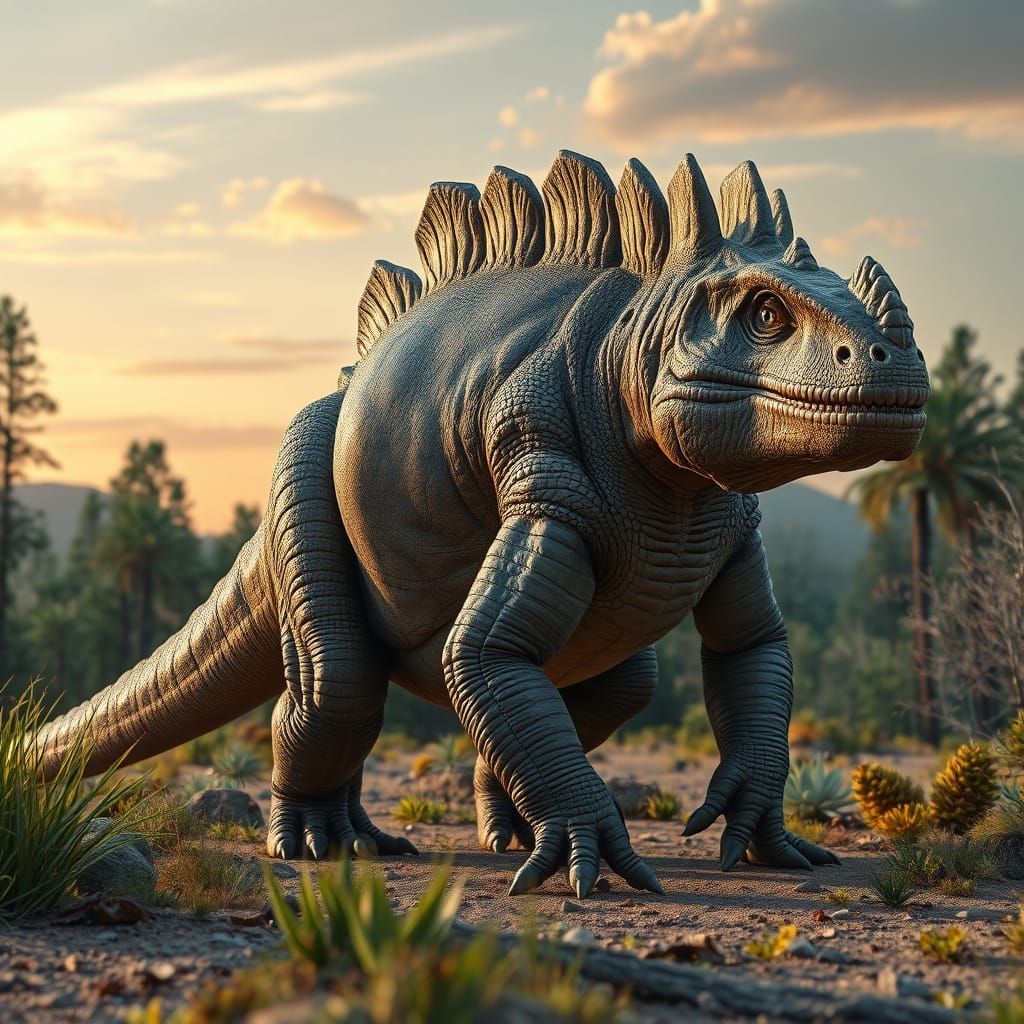 Professional hyper-realistic and hyper-detailed photograph of a large prehistoric Iguanodon exhibiting a detailed natura...