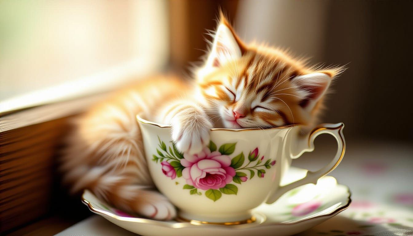 Photorealistic Kitten Sleeps in Teacup with Soft Window Ligh...