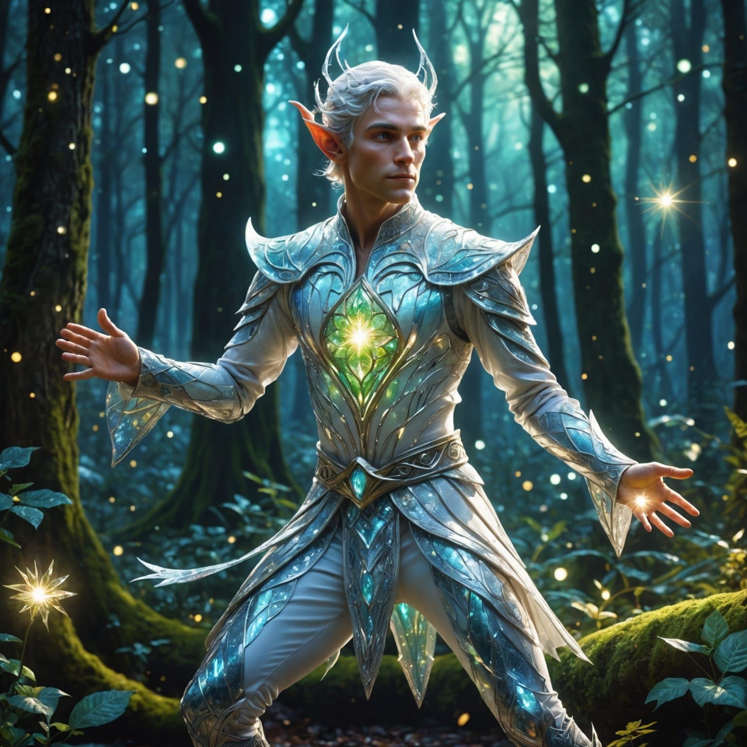 Luminous Glass Elf Dances in Enchanted Forest