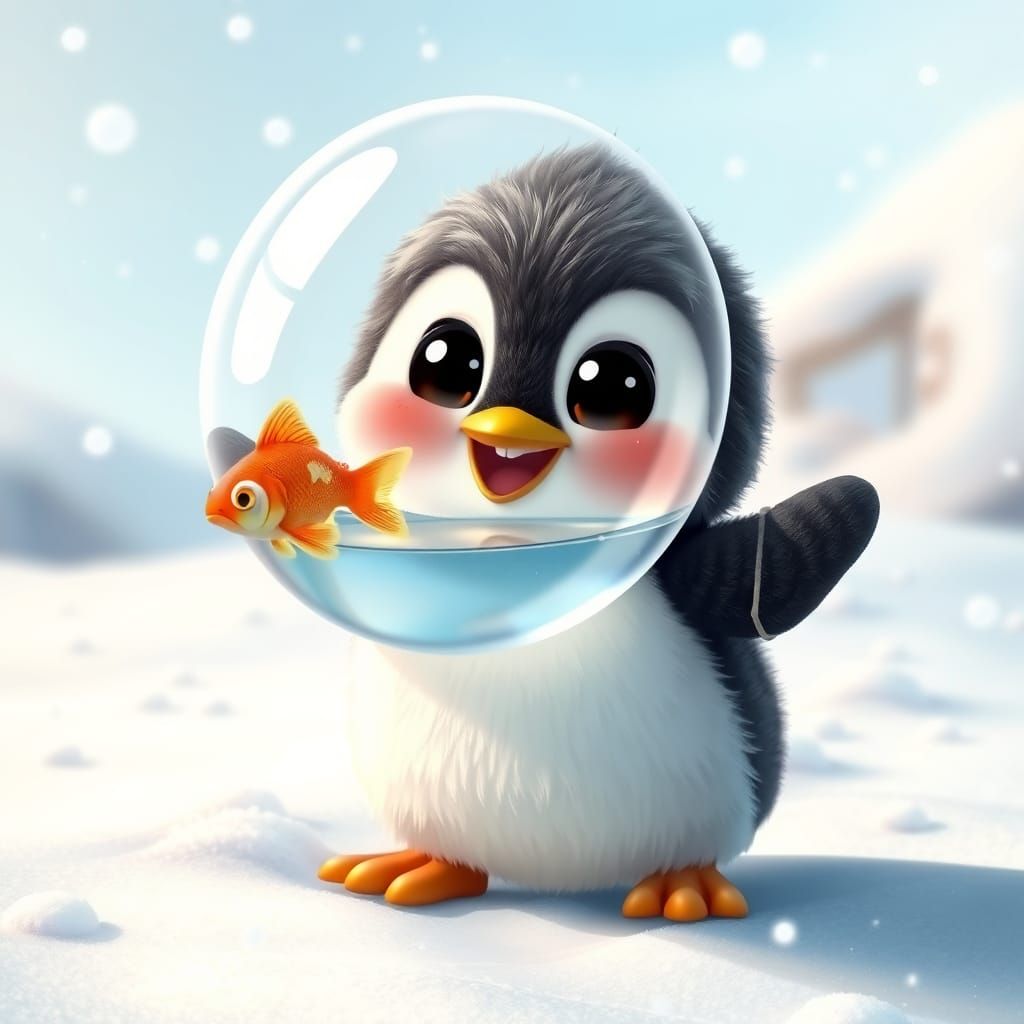 Joyful Baby Penguin with Goldfish Balloon in Snowy Fantasy