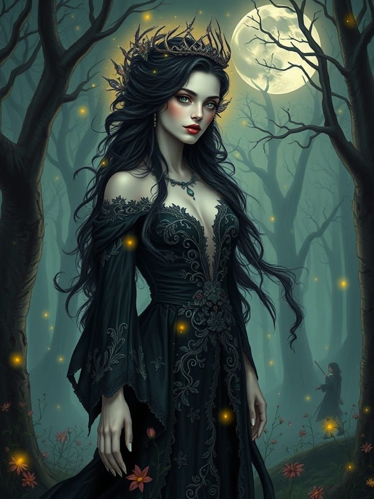 Modern Vampire Amidst Moonlit Forest in Dark, Mystical Reali...