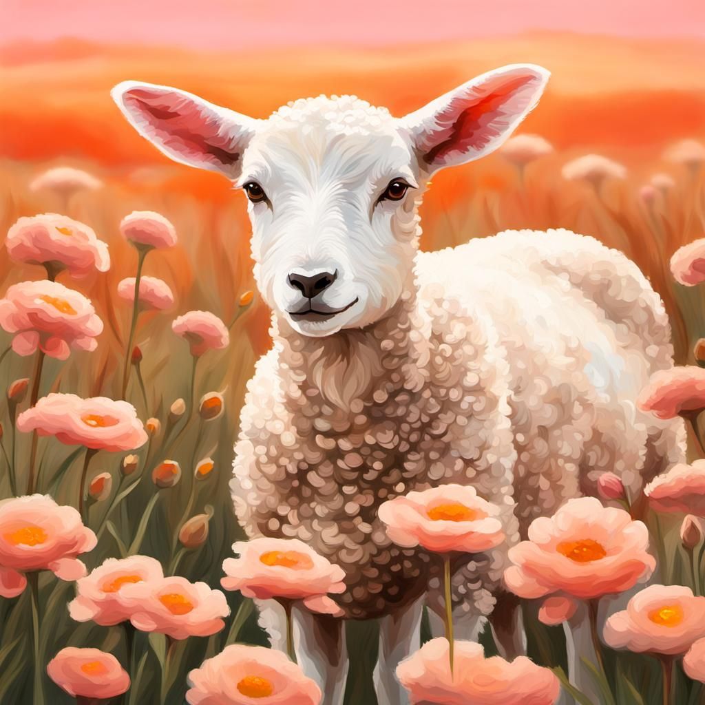 Lamb in Field: Tempera Painting with Warm Tones