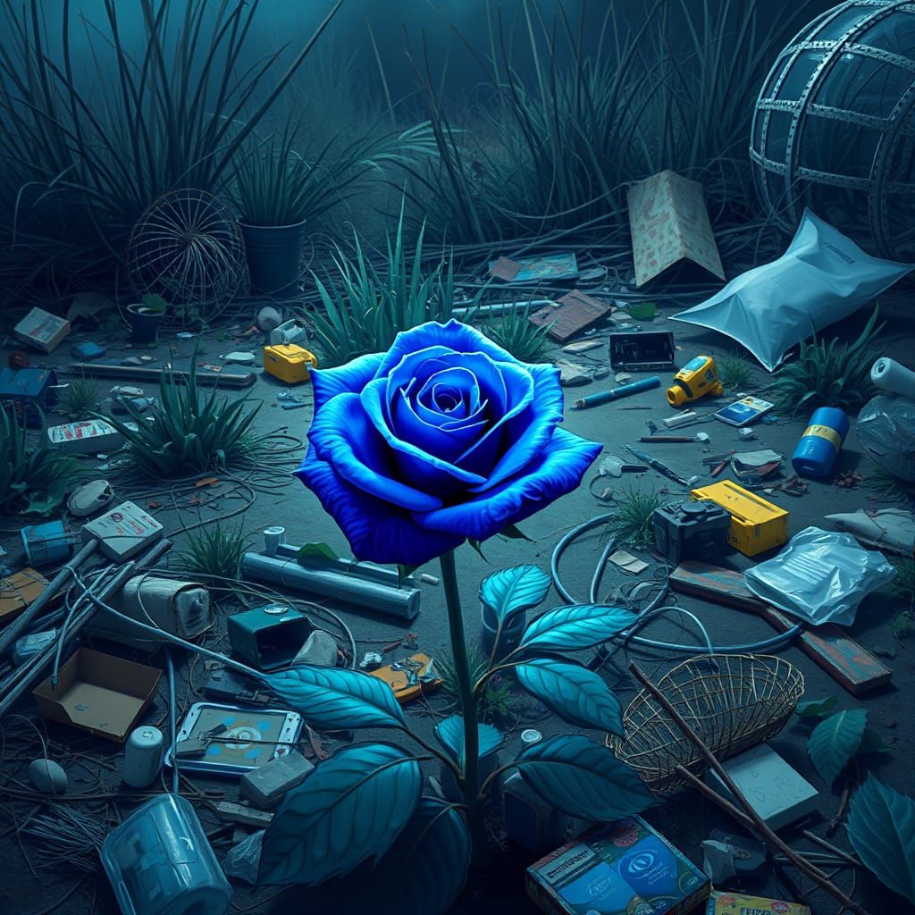 Hyper-Vibrant Blue Rose in Surreal Vacant Lot