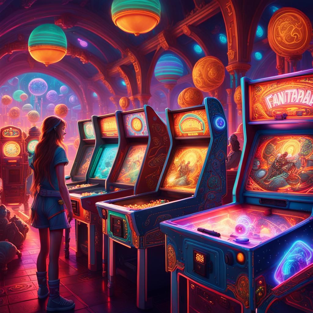 Women Play Pinball in Vibrant Fantasy Arcade