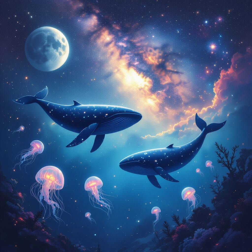 Underwater Space Featuring Whales and Jellyfish