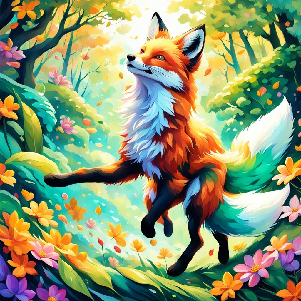 Acrobatic Fox in Lush Forest: Vibrant Oil Painting