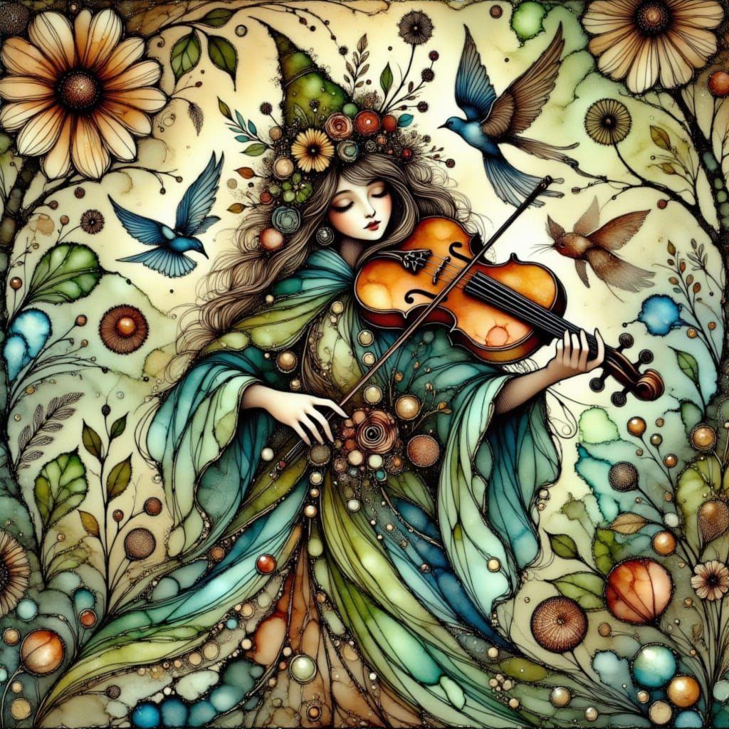Mystical Fiddler in Whimsical Forest with Vibrant Greenery a...