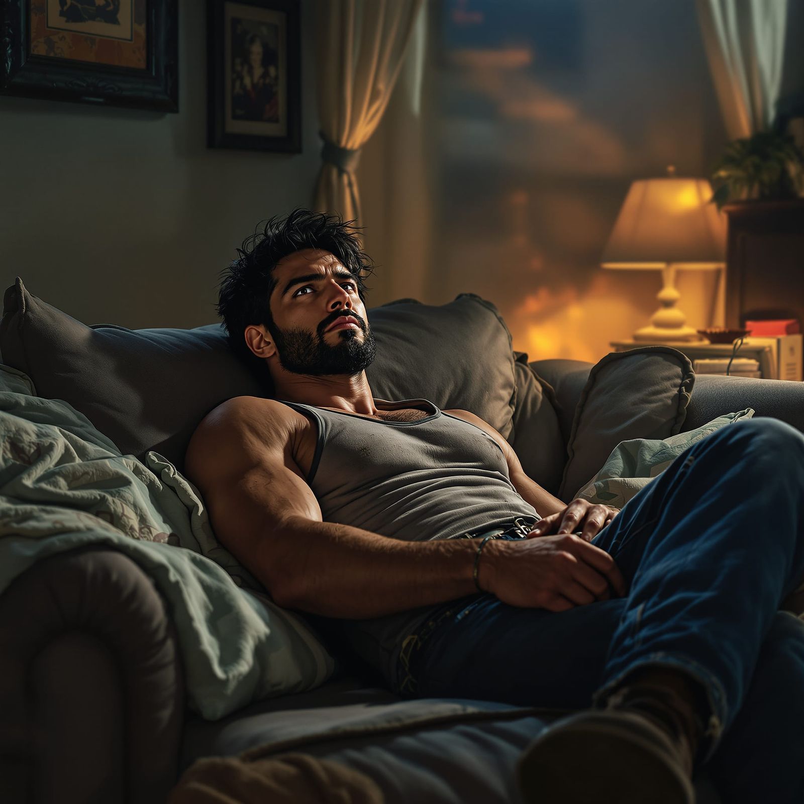 Rugged Plumber Lounges on Sofa After Work