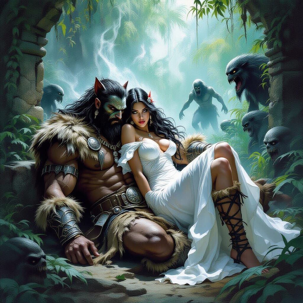 Savage Warrior with Phantom Sorceress in Jungle Ruins
