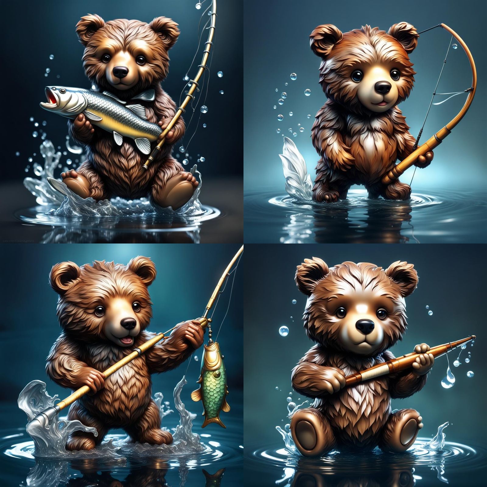 Chibi Bear Fishing: Hyperdetailed Photorealistic Image