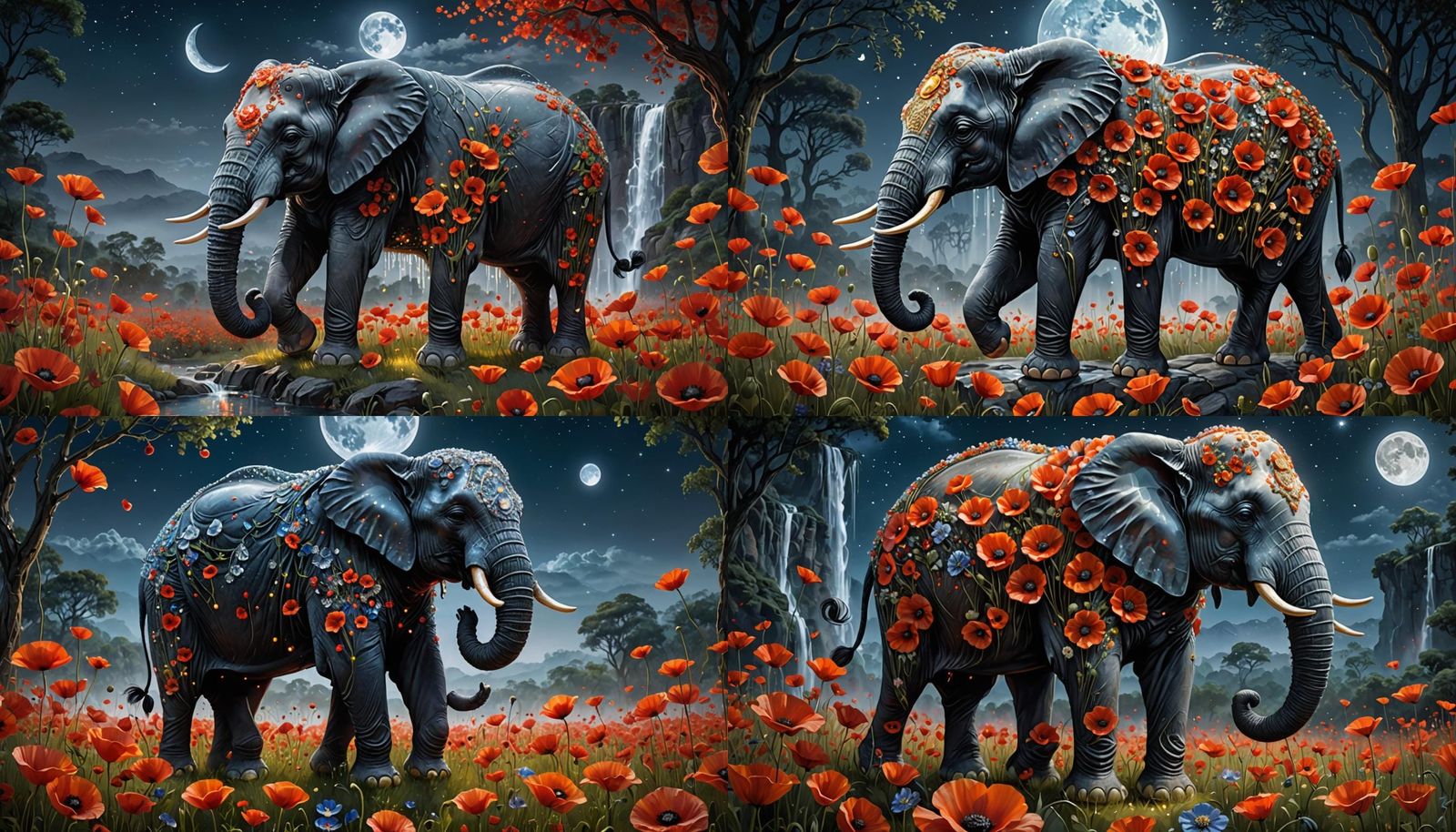 Crystal Elephant in Poppy Field at Moonlight