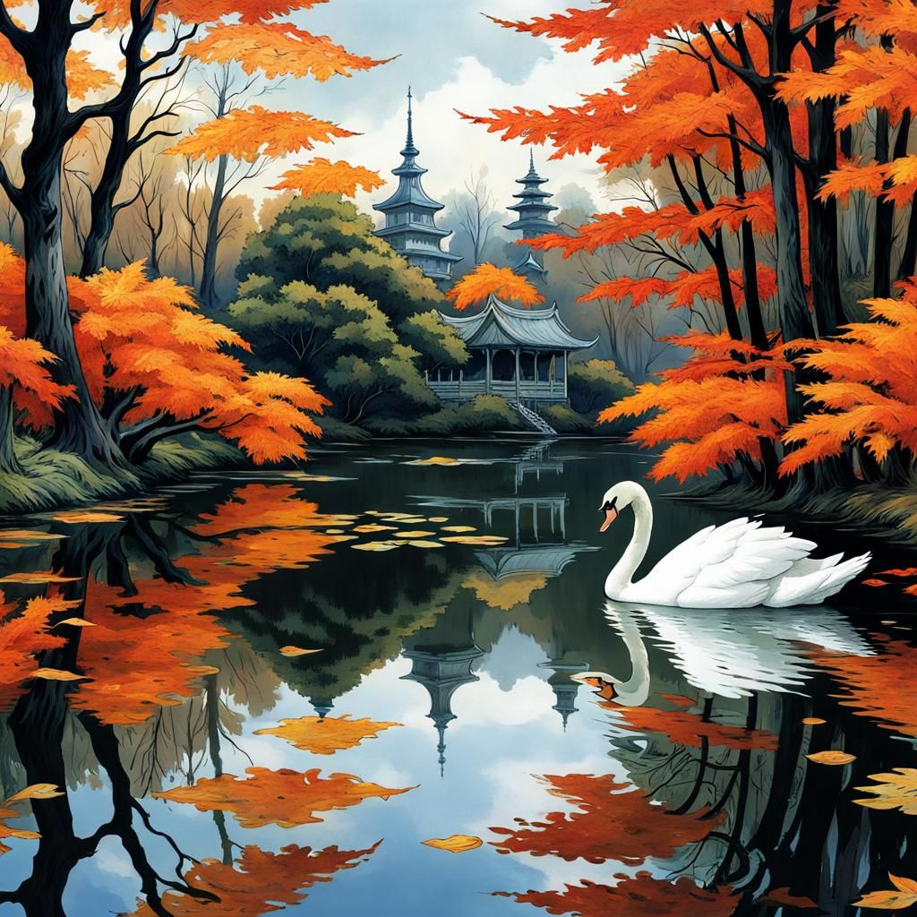 Swan in Autumnal Pond, Rackham-esque Illustration