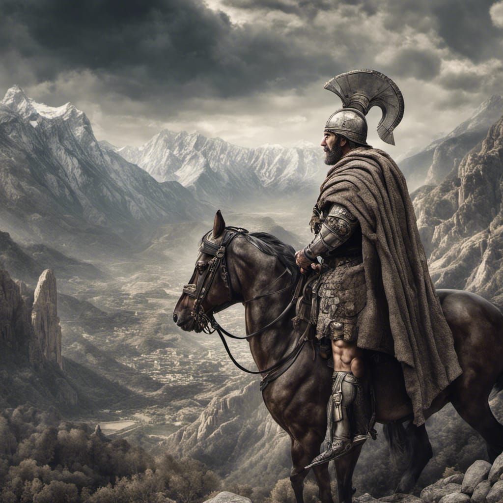 Hannibal Barca Stares at the Alps: Hyperrealistic Image