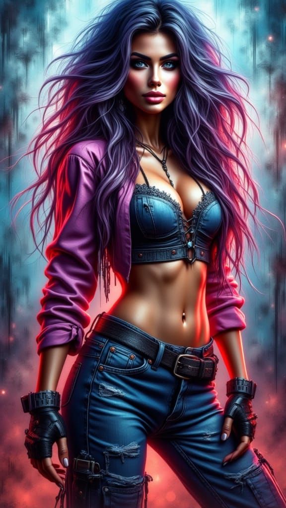 Muscular Woman with Cybernetics in Neon Light