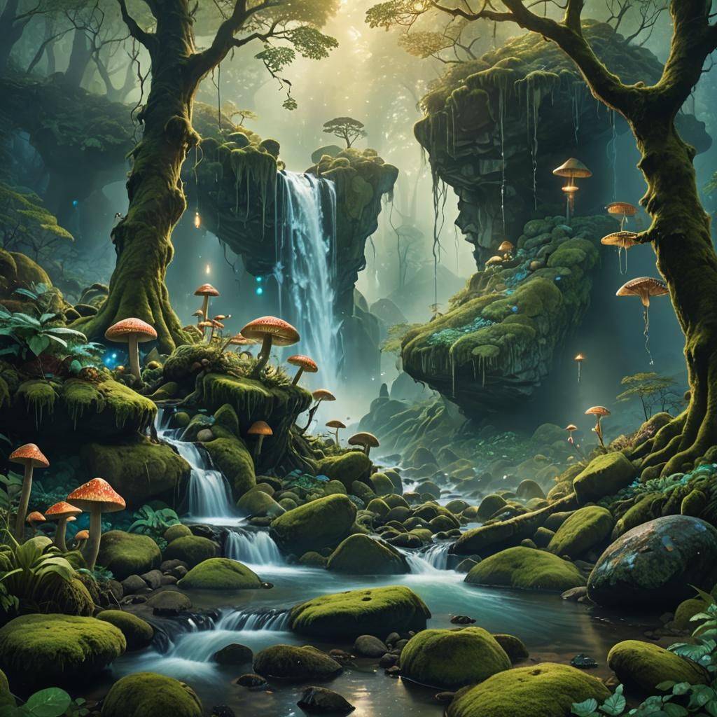 Mystical Waterfall in Enchanted Forest Concept Art