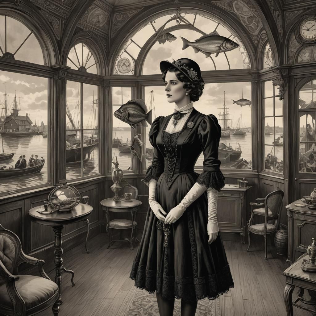 Lovecraftian Fish-Woman in Victorian Drawing Room