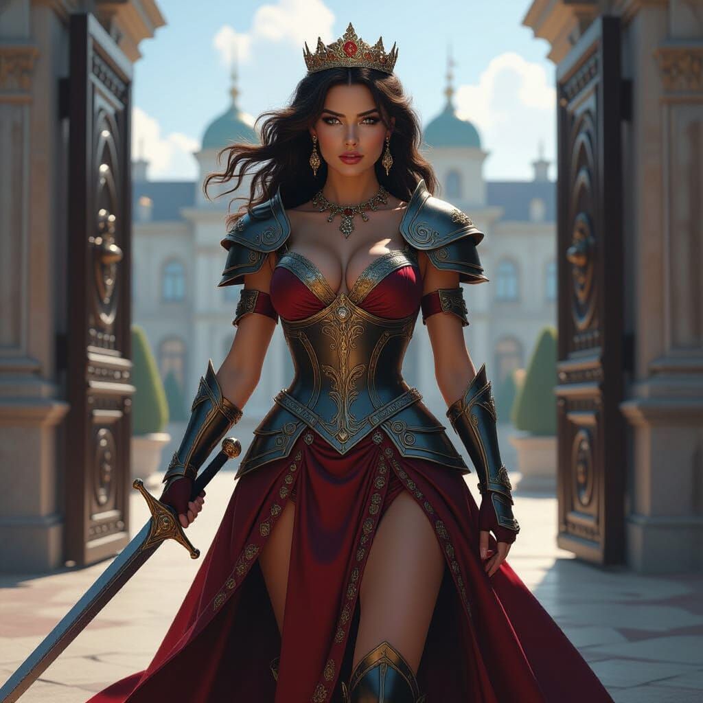 Voluptuous Princess Ready for Battle in Opulent Gown