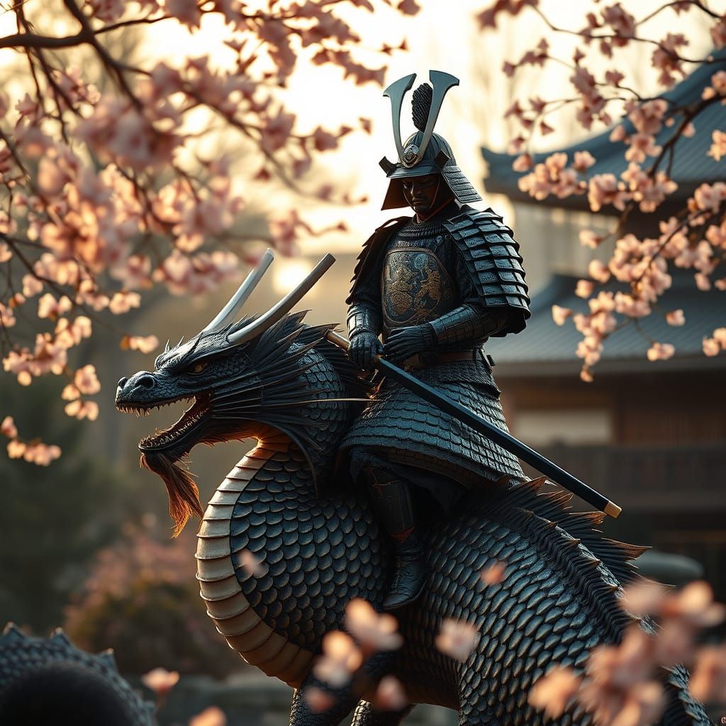 Edo Period Samurai Rides Majestic Dragon in Serene Garden Sc...