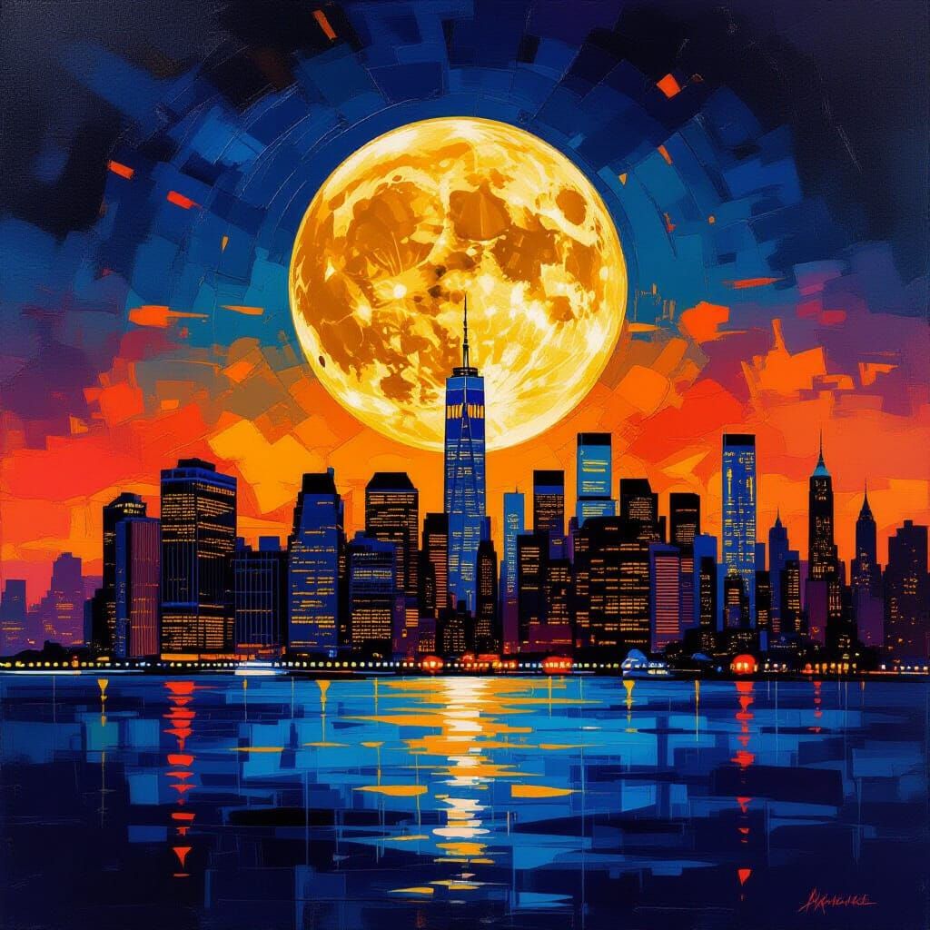 Impressionistic NYC Skyline Under Full Moon