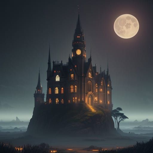 Enchanted Castle Emerge from Moonlit Mist