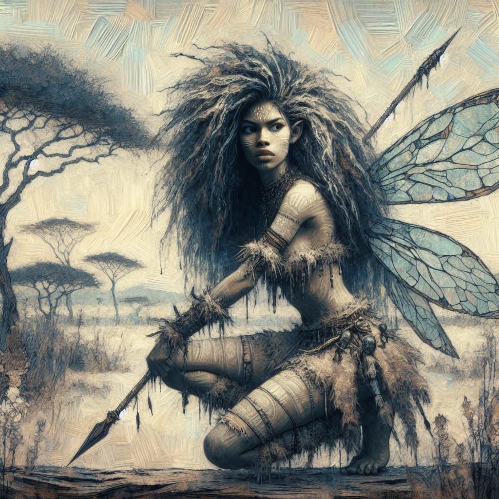 Hispanic Fairy Warrior Huntress in Encaustic Style