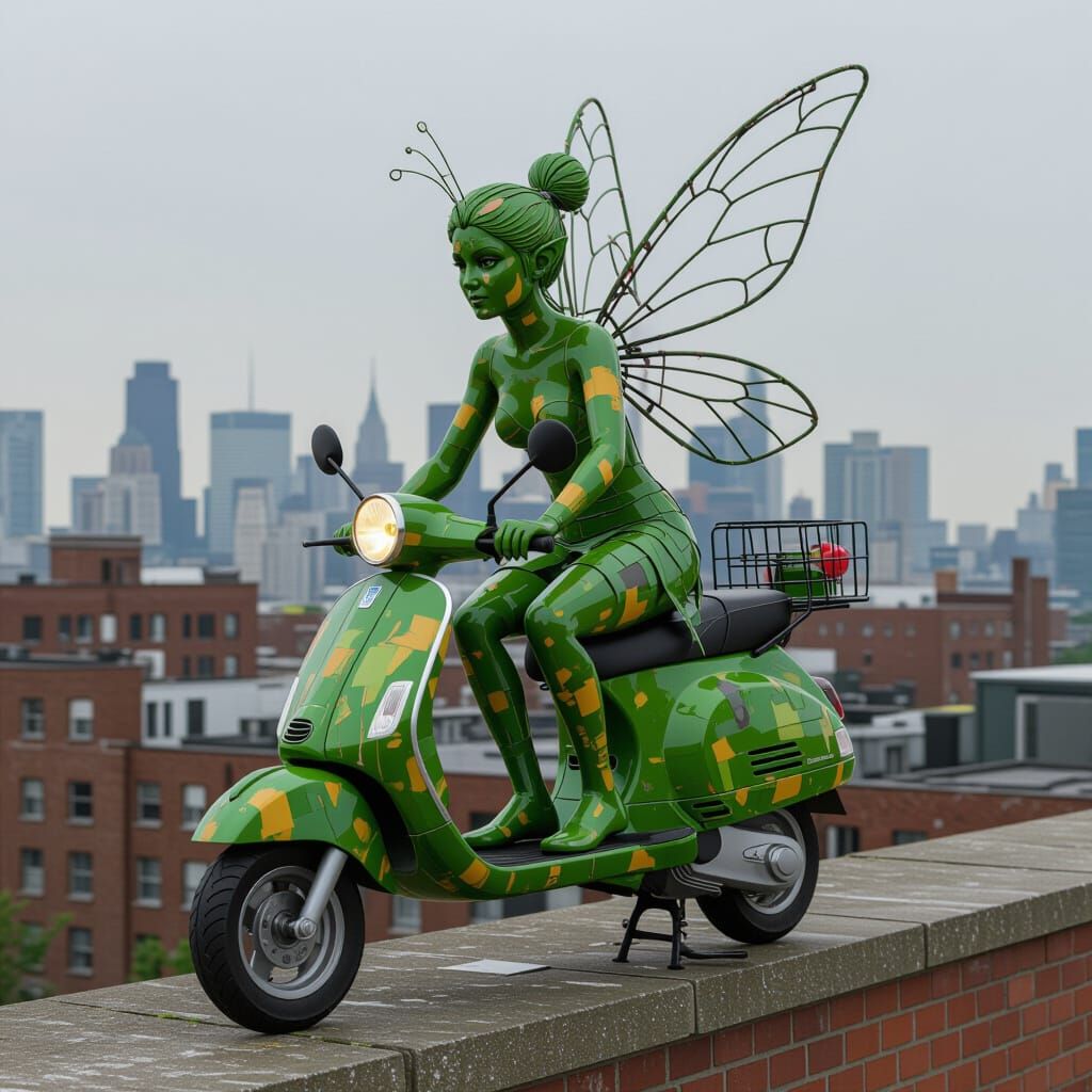 Urban Fairy Rides Electric Scooter Across City